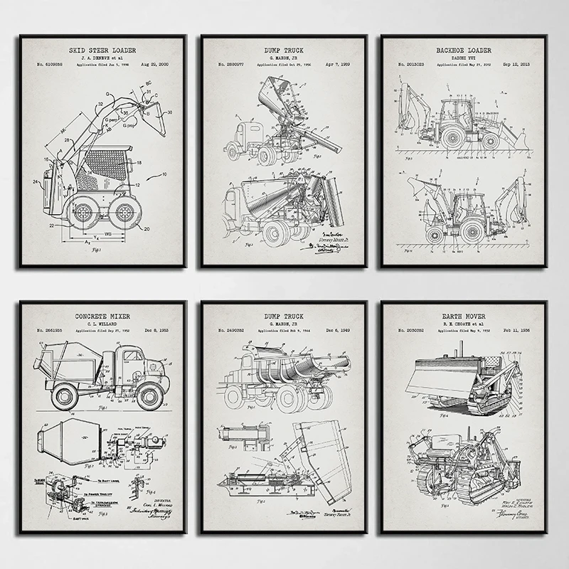 Vintage Heavy Construction Vehicle Patent Posters Prints Dump Truck Earth Mover Canvas Painting for Room Man Cave Wall Art Decor