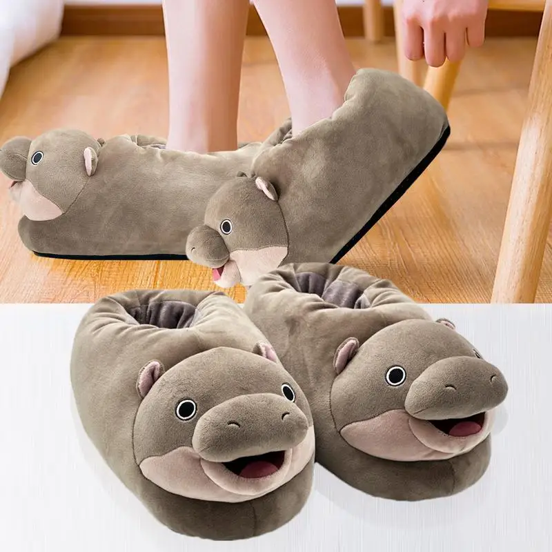 Hippo Slippers Cute Cartoon Stuffed Cotton Slippers Winter Home Anti-Skid Comfort Footwear For Men Women