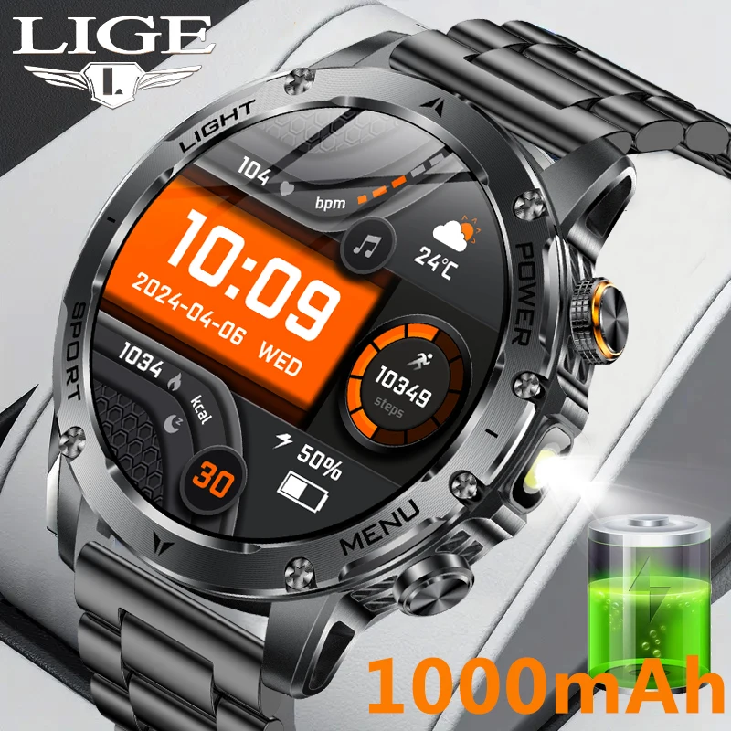 

LIGE военный класс 1000 мАч аккумулятор умные часы мужские IP68 водонепроницаемый светодиодный фонарик Bluetooth вызов HD экран спортивные новые умные часы