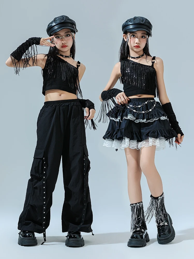 2024 Girls Jazz Dance Costume Sequin Tassel Crop Tops Pants Lace Skirt Cheerlead Dance Performance Clothes Kids Stage Wear