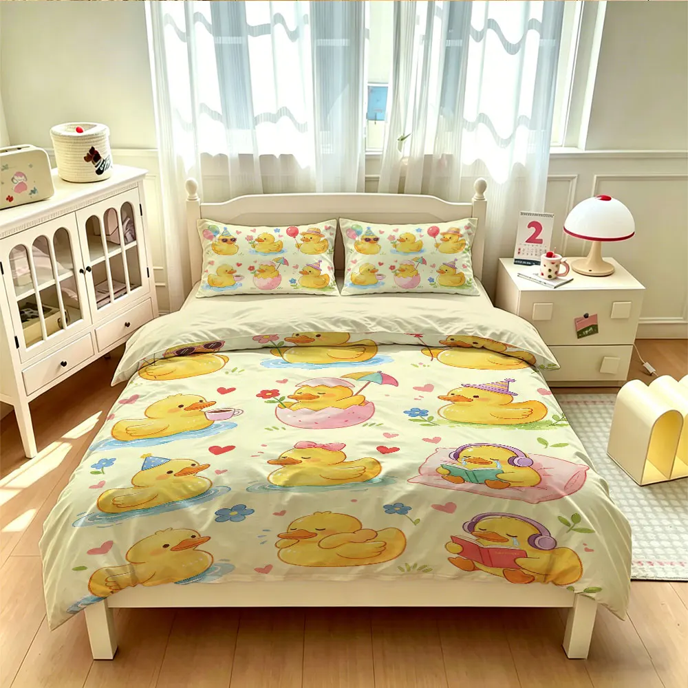 3PCS Cartoon Hand-drawn Cute Little Yellow Duck Duvet Cover Set, Multi-Pose Soft Bedding Decor, Machine Washable, Multi-size