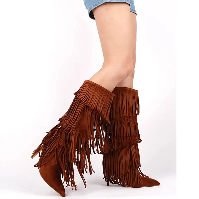 Onlymaker Women Pointed Toe Fringe Boots Comfy Pull On Mid Calf Thin Heel Pull-on Knee High Boots