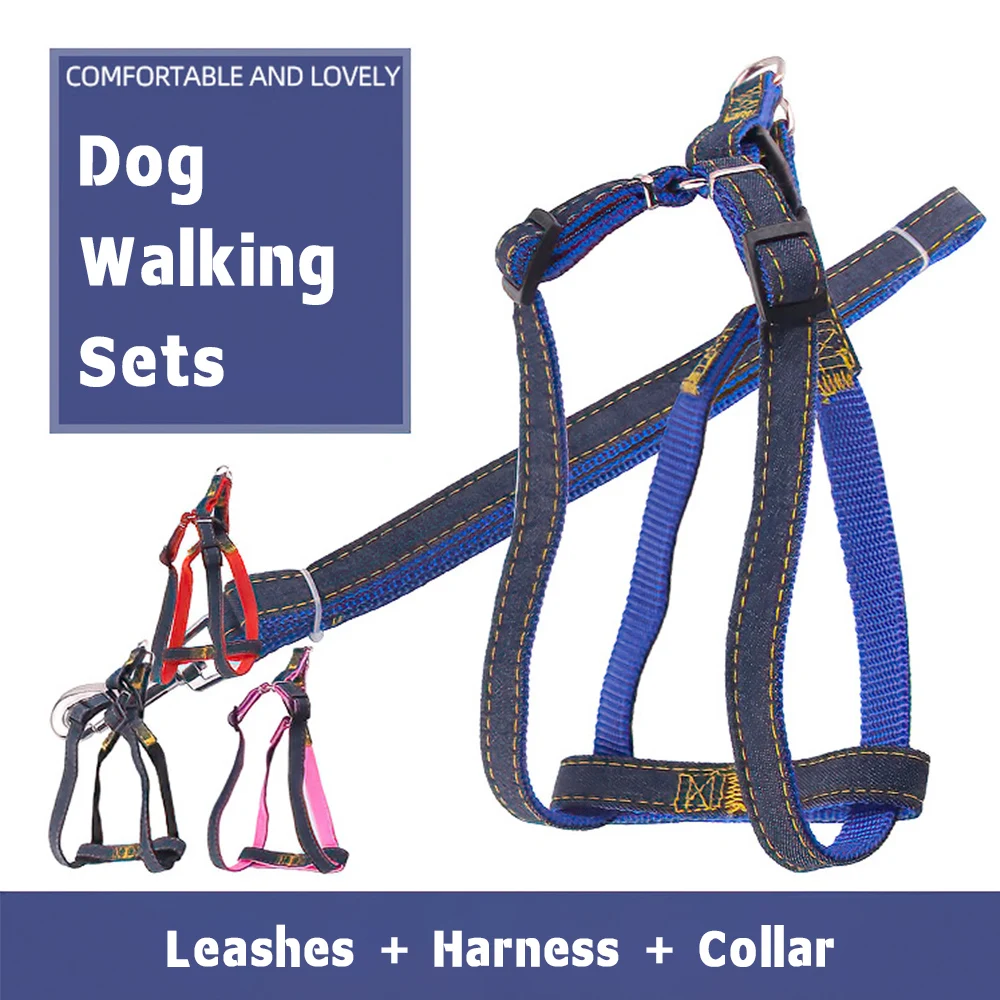 

Fashion Denim Pet Dog Walking Sets Dog Leash Dog Harness and Dog Collar Easily Disassemble Fashionable and Cute