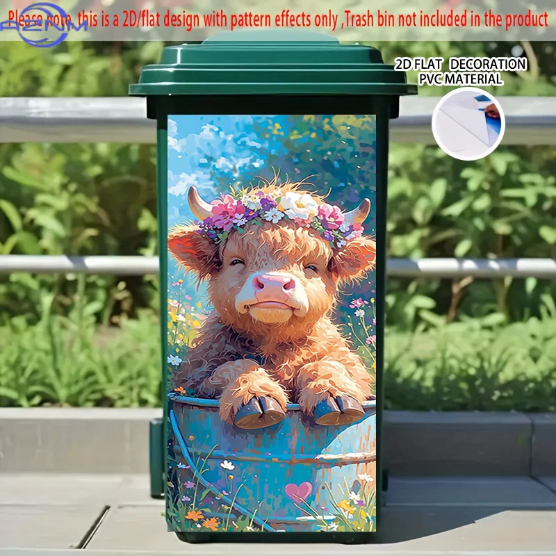[2D Flat Printing] 1pc 2D Pattern Printed Kitchen Trash Can Sticker  Flower Horn Cow Bucket Napping Theme Kitchen Home Decor W