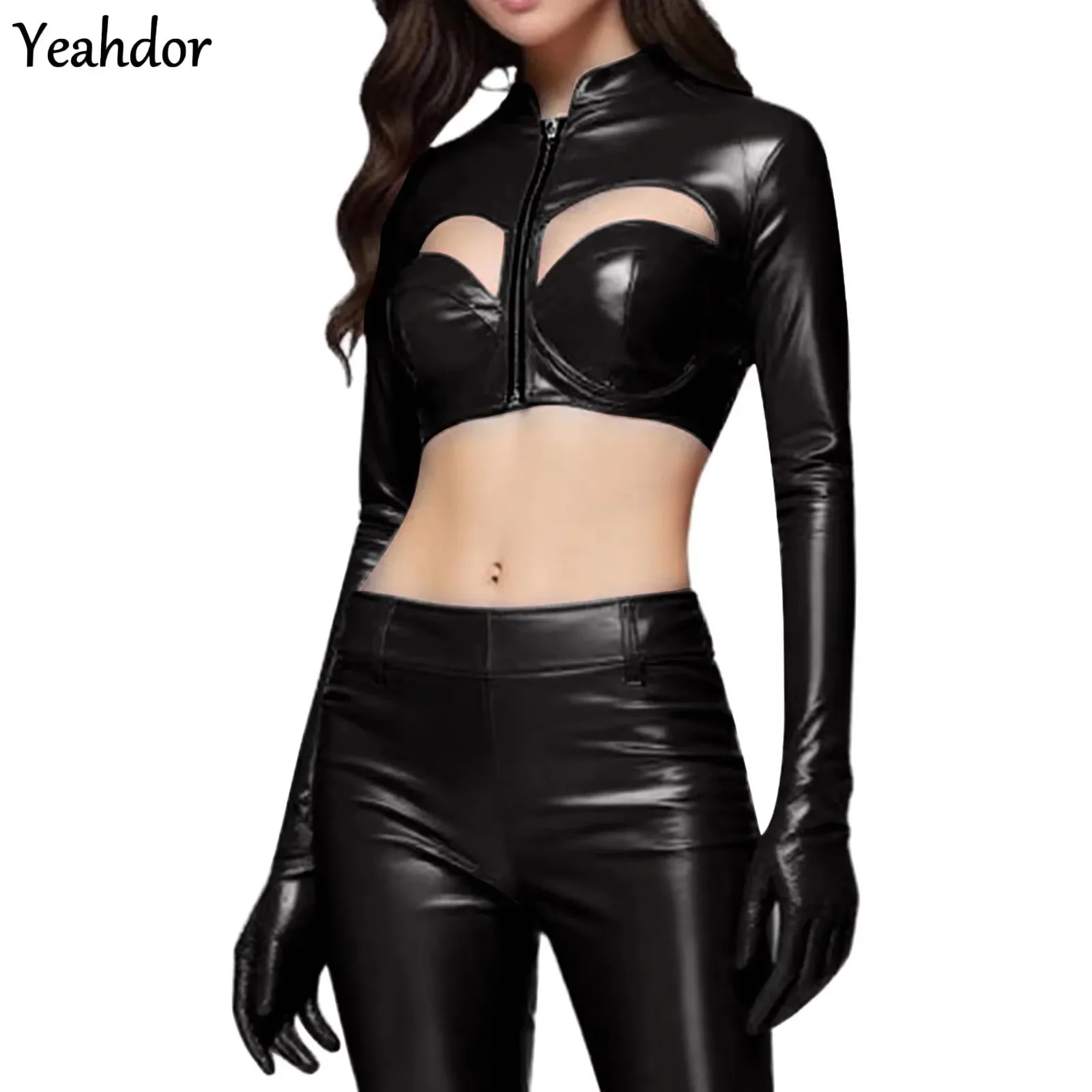 

Womens Glossy PU Leather Tank Tops Shirt Metallic Latex Crop Top Camisole One-Piece Gloves Chest Hollow-Out Zipper Rave Clubwe