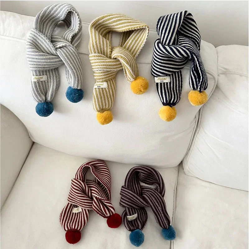

2025 New Baby Boys Warm Shawl Fur Ball Decoration Children Girls Accessories Winter Kids Scarf Cute Vertical Stripes
