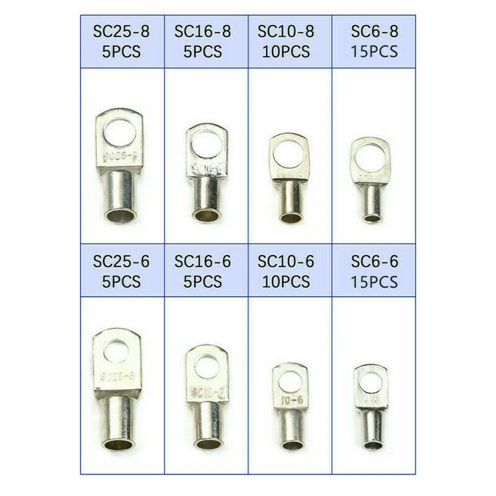 

Reliable Copper Tube Terminals Battery Welding Cable Lug Ring Crimp Connector Kit, SC6 6 to SC25 8 Sizes, 70pcs