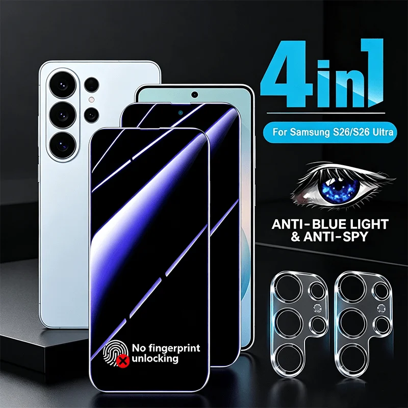 

2+2 Pack Purple Light Anti Spy Screen + Camera Lens Protector For Galaxy S26/S25/S24 Edge/Ultra/Pro, S26/S25/S24/S23/S22/S21