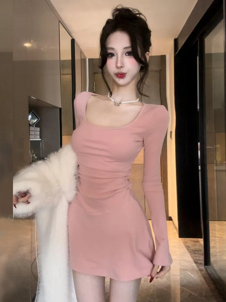 

Сексуальное облегающее платье с U-образным вырезом и длинными рукавами для женщин, с плиссированным дизайном, модное, А-силуэт, осенняя новинка