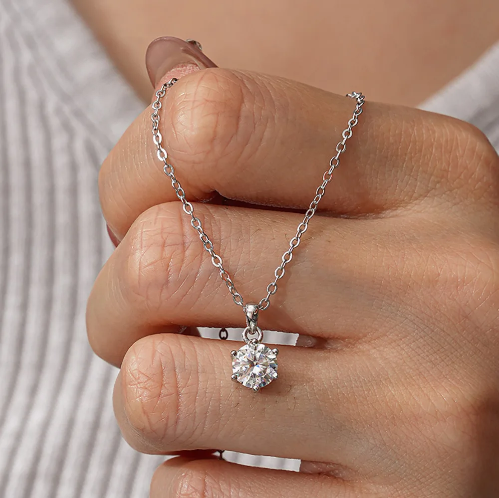

S925 Sterling Silver Moissanite Necklace Pendant for Women Classic Six Prong Setting Elegant Style Everyday Wear