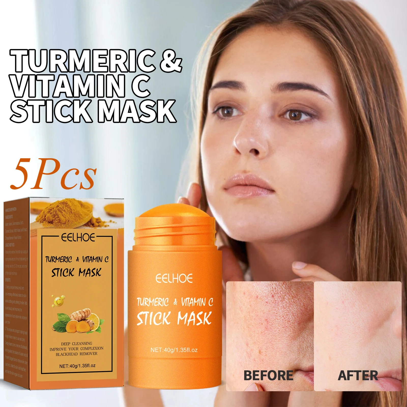 5Pcs Turmeric Paste Facial Mask Stick Deeply Clean Pores Brighten Skin Remove Blackheads Control Oil Smearing Solid Facial Mask
