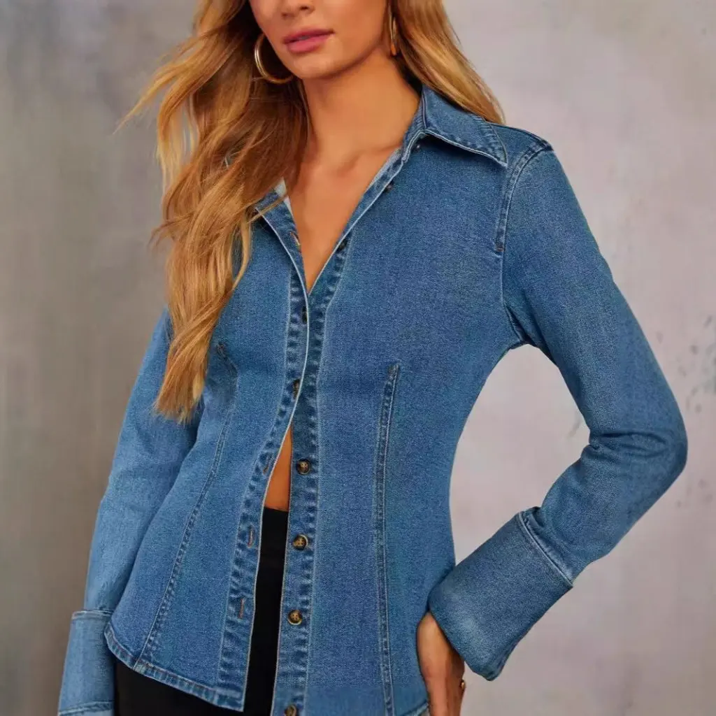 Dames denim overhemd met lange mouwen, casual revers, enkele rij knopen, herfstmode, Europese en Amerikaanse stijl, 24 jaar