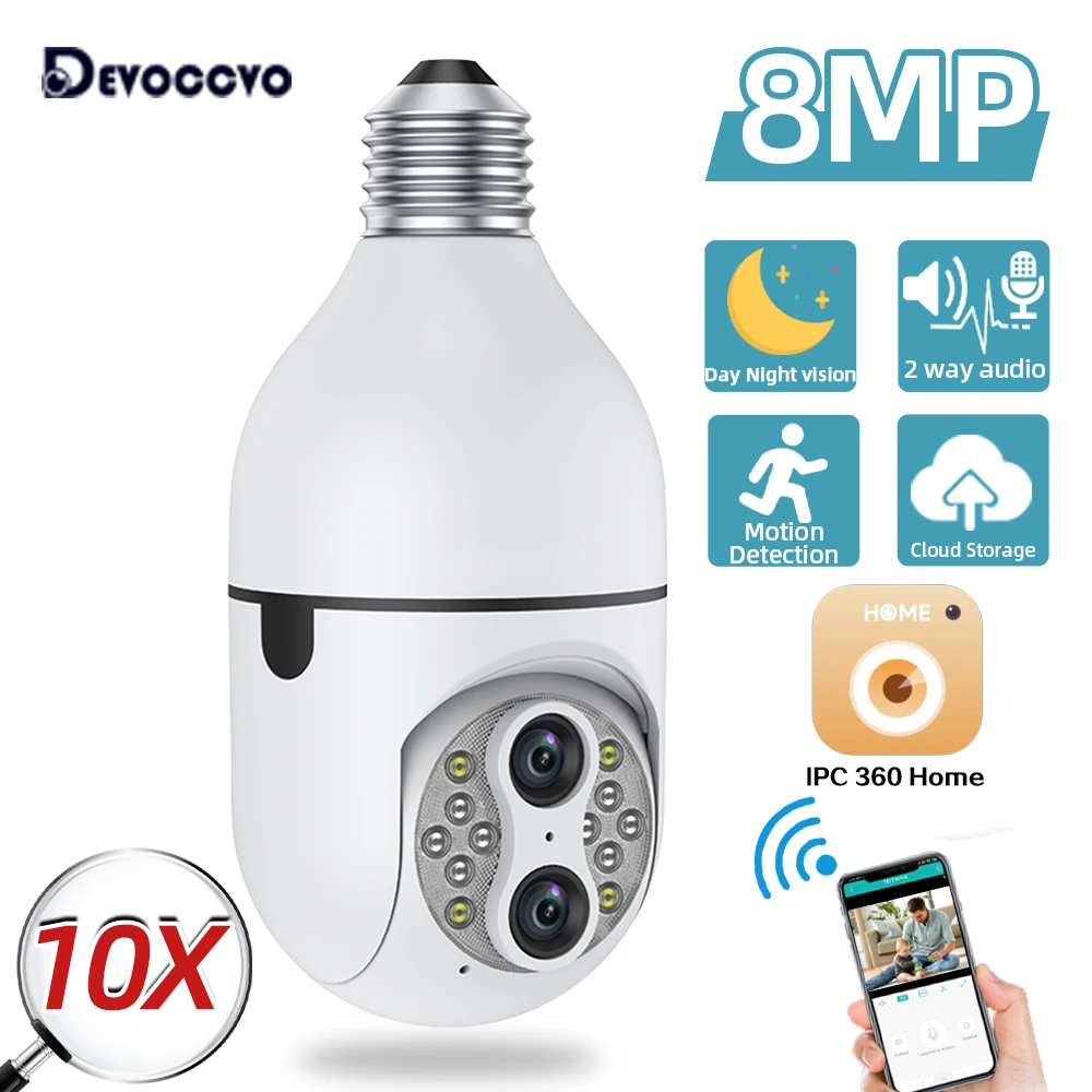 4K Wireless Light Bulb Camera Smart Home Auto Tracking Panoramic Camera Indoor Wifi 10X Zoom CCTV Security Surveillance Cam 8MP