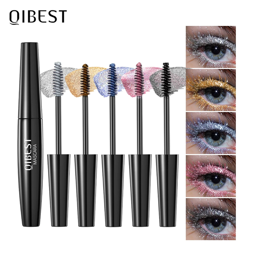 QIBEST 5 Colors Diamond Glitter Mascara Long Lasting Makeup 3D Volume Eyelashes Curling Shimmer Mascara Charming Eye Lash Tools