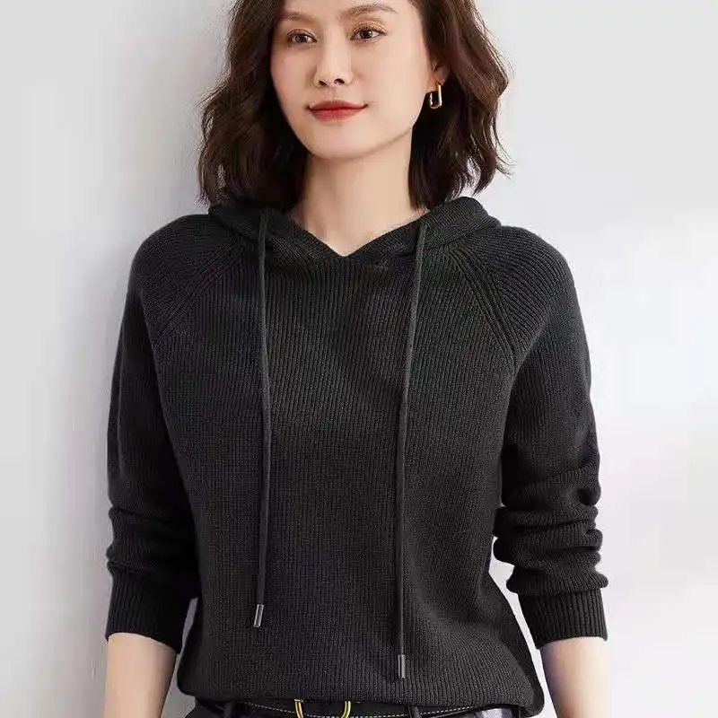 

Elastic Long Sleeve Knitwear Women Merino Wool Pullover Fashion Basic High Quality Elegant Knitted Hoodie Sweater