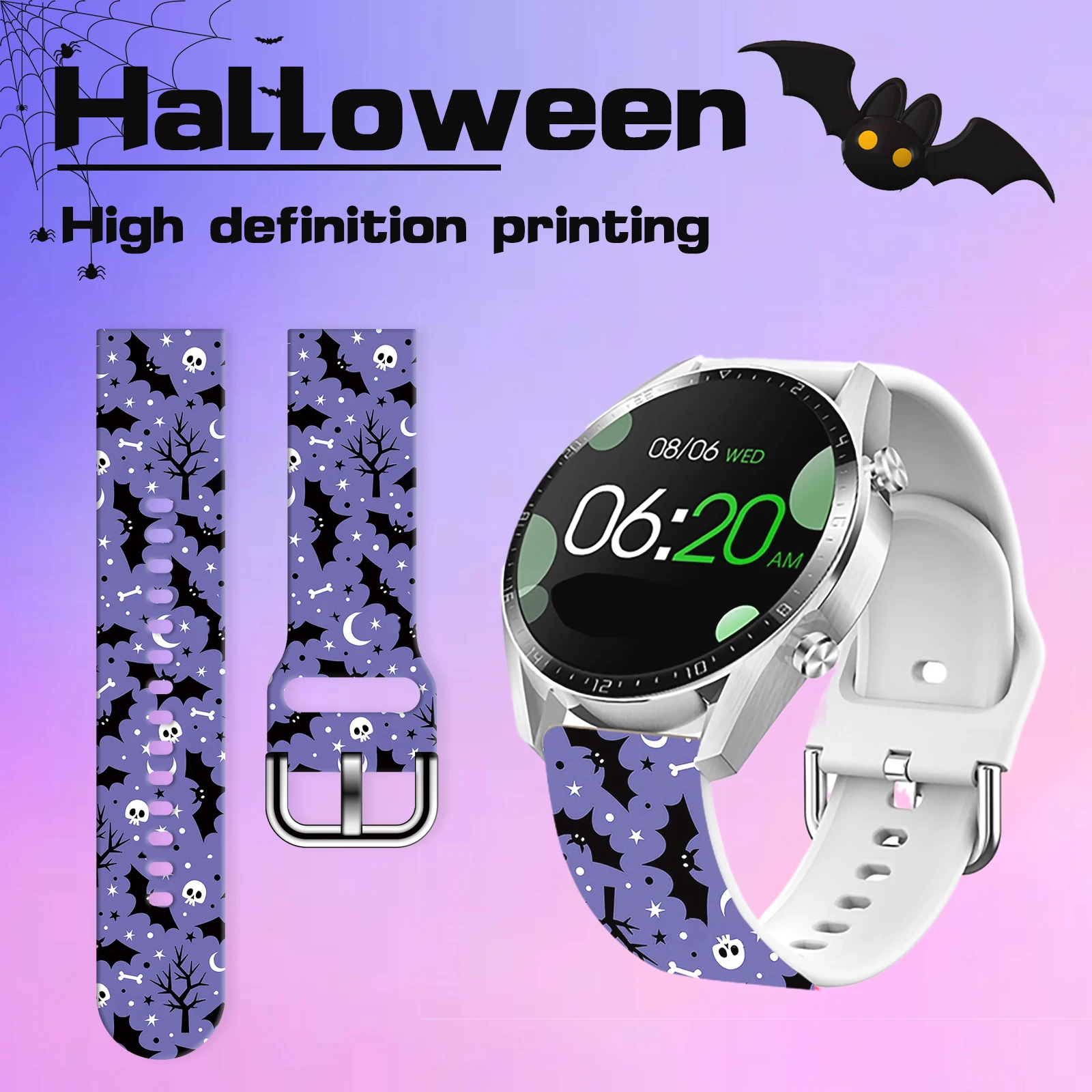 20mm Halloween Print Watch Strap for Samsung Galaxy 7/6/5 40mm 44mm Band Replaceable Bracelet 22mm for Xiaomi Amazfit WatchBand