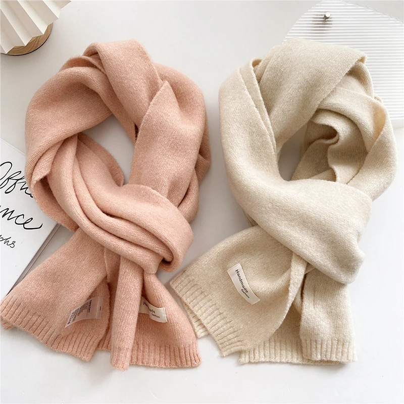 Women Autumn Winter Hijab Scarf Scarf Slim Neckerchief Soft Brown White Warm Knitted Woolen Neck Pashmina Shawl Soft Handmade