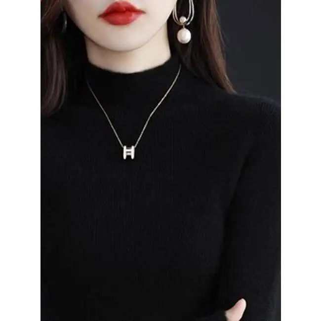 Spring 2026 Women's Short Knitted Wool Sweater Slim Fit Overhead Half High Collar Cashmere Shirt Soft Long Sleeve Pure Color