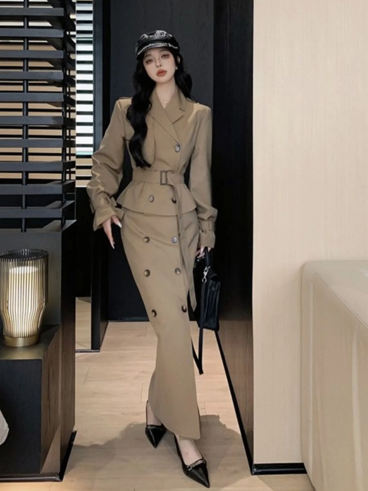 

Kaki Double-Breasted Short Coat Women's Fashion Set with Half Skirt Long Skirt Two-Piece Suit Autumn Season Long Sleeve Button