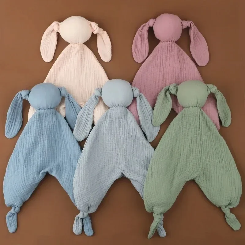 Pure Cotton Baby Towel Long Ear Stuffed Rabbit Doll Newborn Appease Cuddling Towel Soft Muslin Baby Bib Facecloth for Xmas Gift