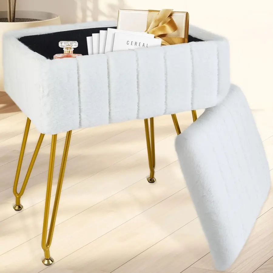 

Stool with Storage, Faux Fur Makeup Stool with Metal Legs, Multifunctional Furry Footrest Ottoman Chair for Living Room Bedroom,