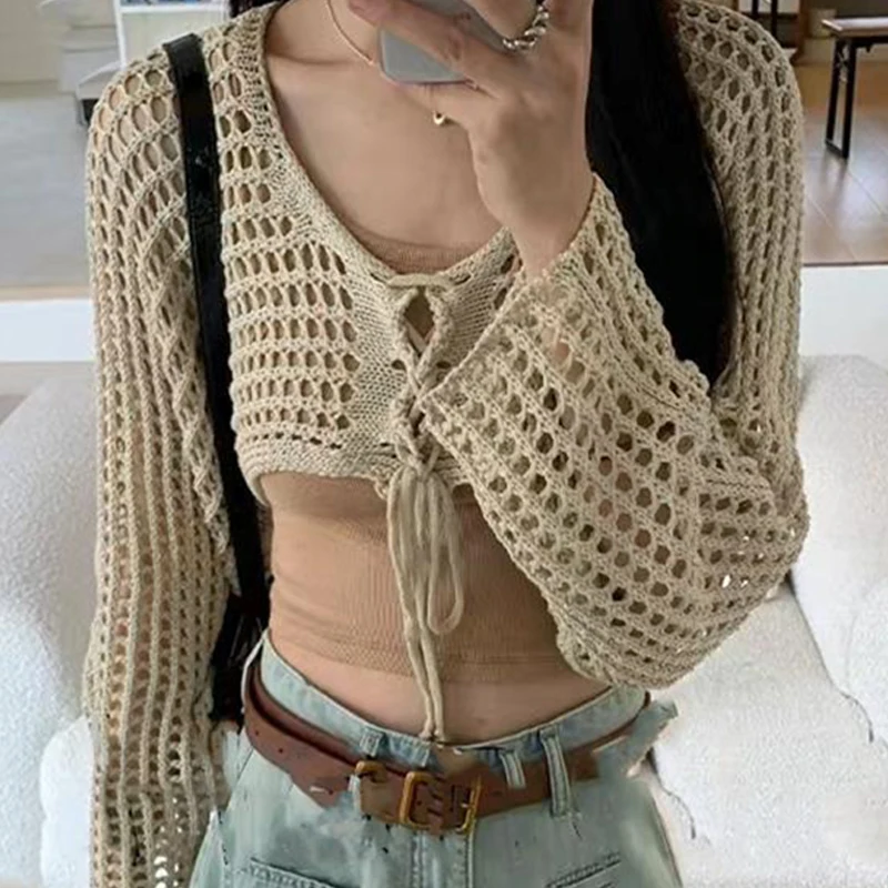 1Pcs Summer Fashion Lace-up V-neck Long Sleeve Hollow Knitted Cardigan Women\'s Crop Top