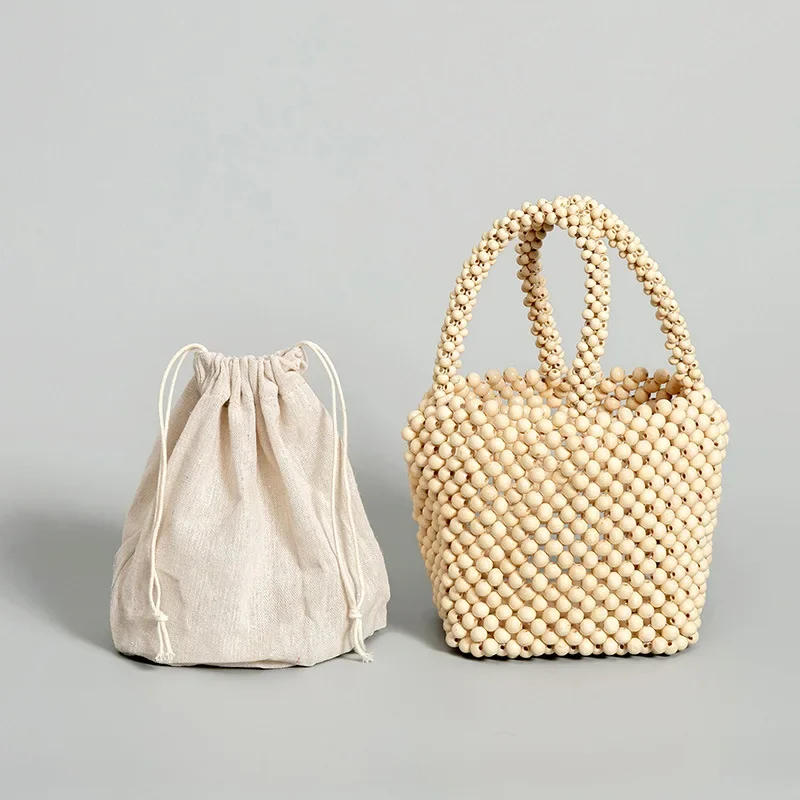 خمر المرأة اليابانية أزياء الخشب دلو فاخر حمل البيج خشبية مطرز السيدات مصمم حقيبة يد