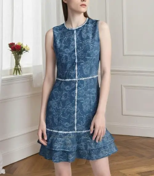 

Womens Dresses 2025 Spring New Round Neck Sleeveless Design with Blue and White Printed Elements Ruffles Hem Denim Blue Dress