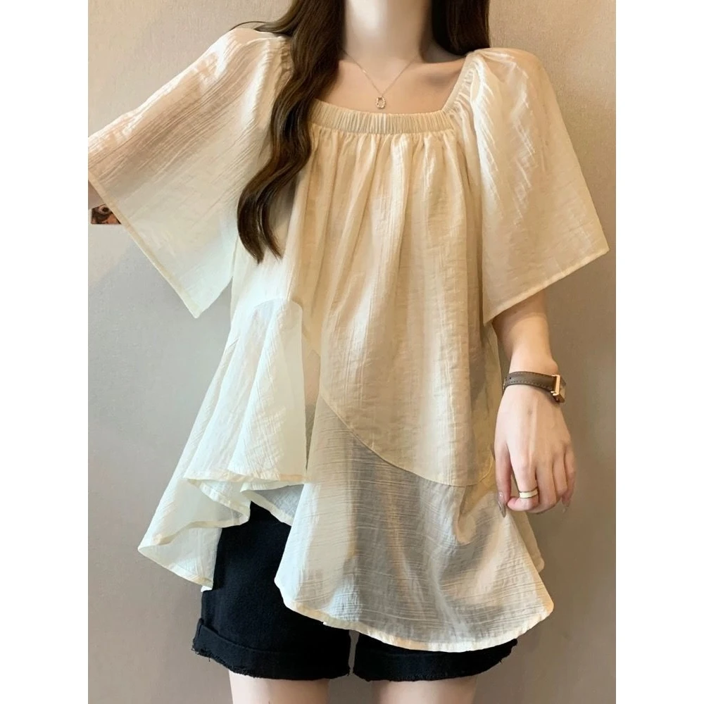 plus Size Women's Square Ne Uneven ort Sve Chiffon Top Summer Loose Slimming Lace Trimmed Blouse Cloud Flng Four Seas