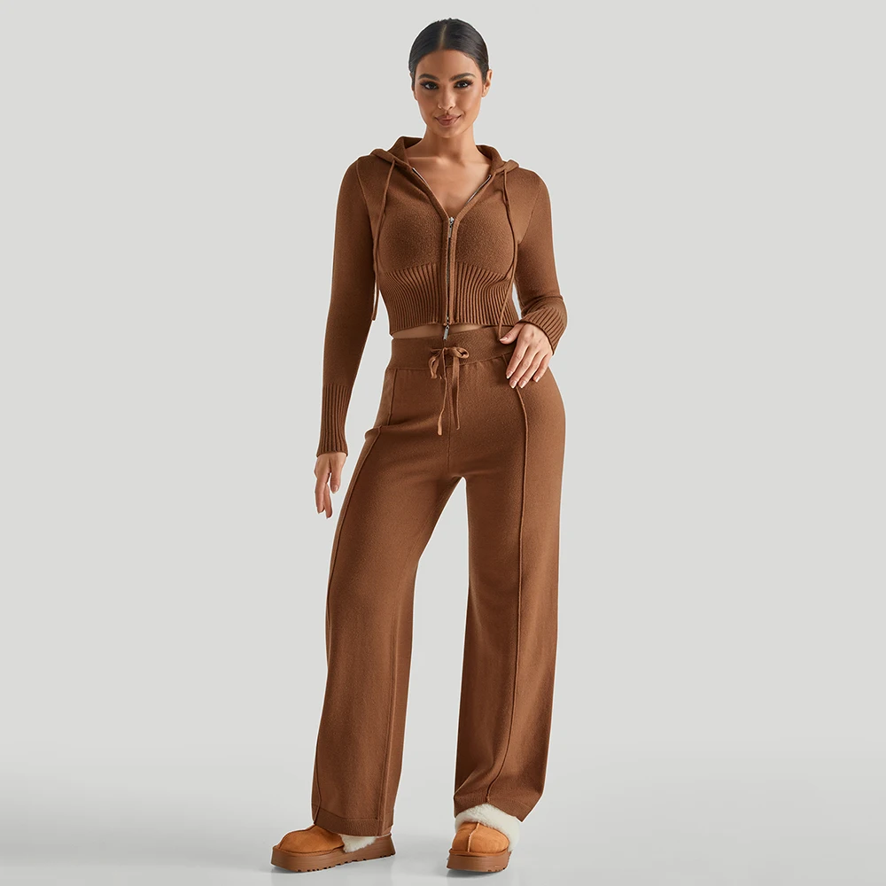 

Women's Knit Zipper Cardigan Wide Leg Pants Set Soft Fabric Autumn Winter Fashion Streetwear Casual Hoodie Sweater Suits Lady