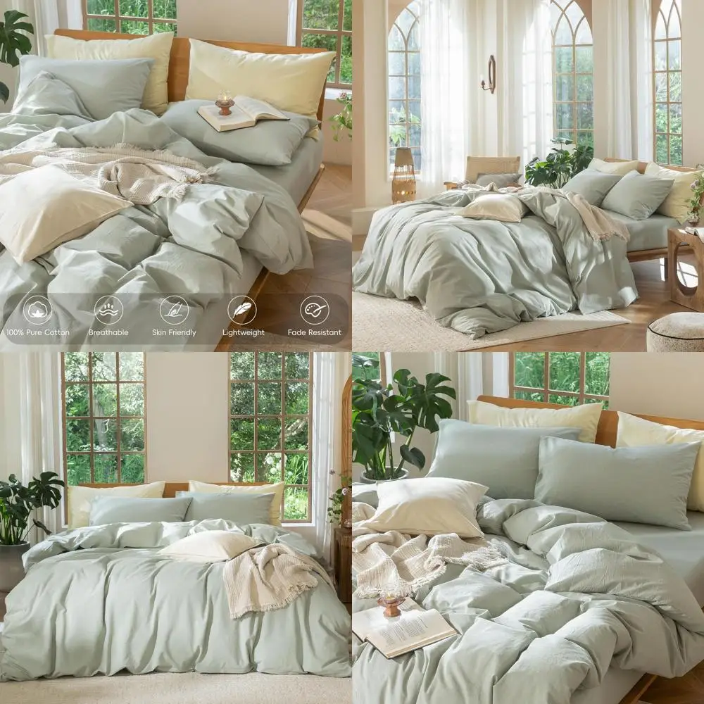 

Bedding Duvet Cover Set 100% Washed Cotton Linen Like Textured Breathable Durable Soft Comfy (Heathered Sage Green, Queen 90"x90