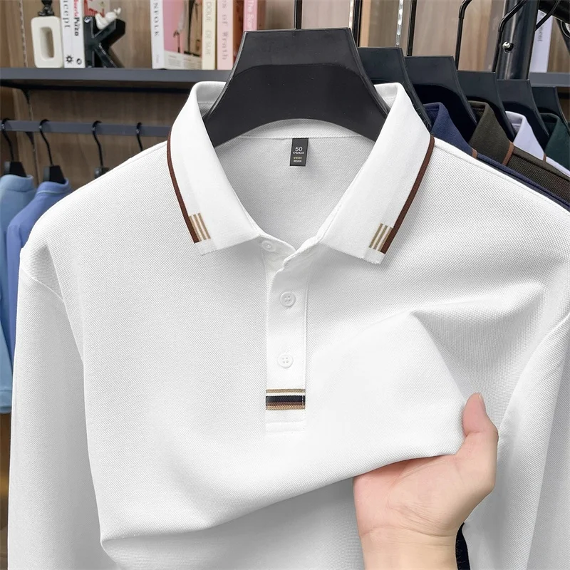 Hochwertiges Herren-Poloshirt aus weicher Baumwolle, Herbst-Neuheit, einfarbig, langärmelig, mit Kragen, modische Business-Herrenbekleidung – Detail 5