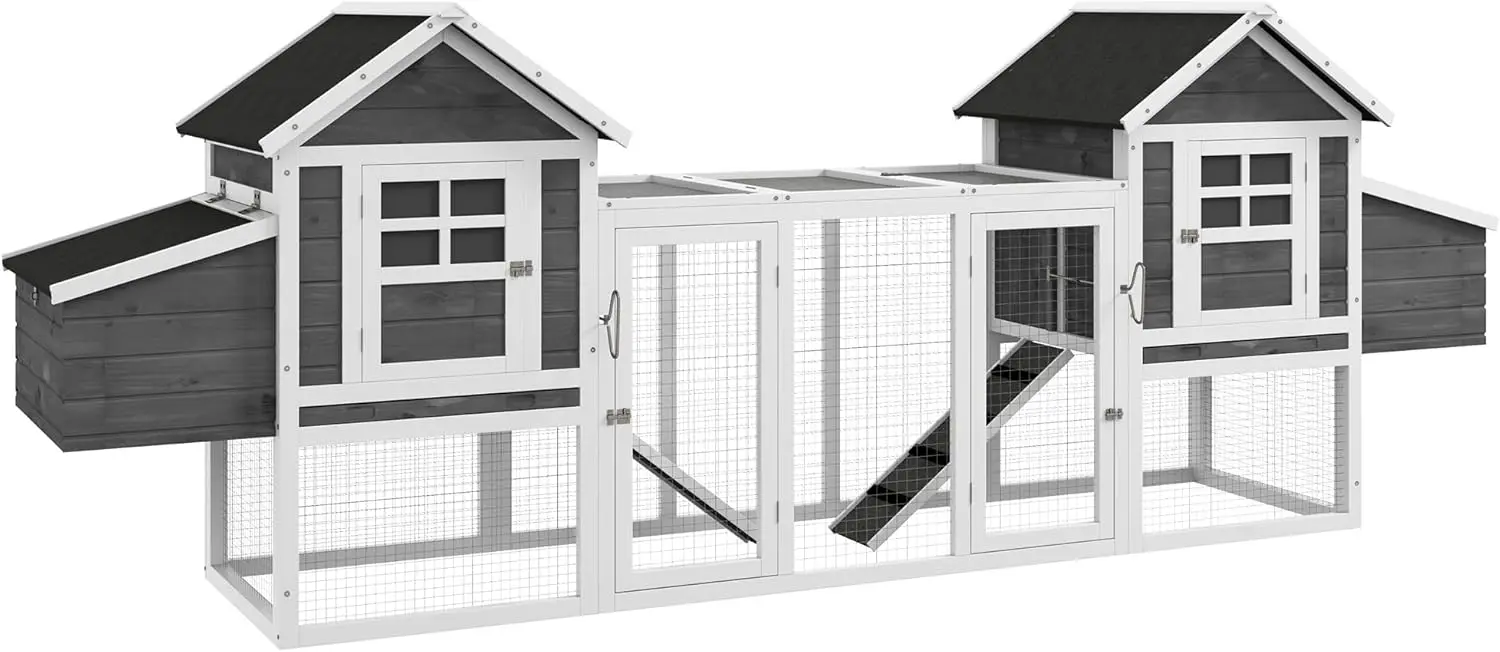 PawHut Dual Wooden Chicken Coop with Garden Bed, Large Outdoor Hen House with Nesting Boxes Removable Trays, Ramps Run, for