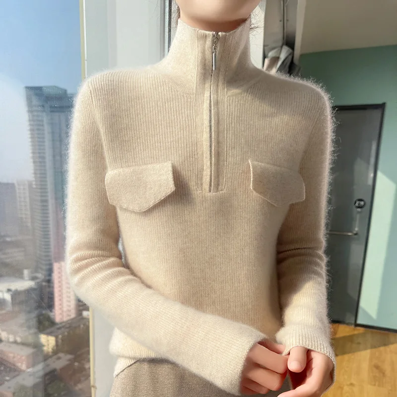 DjzDsm Fall/Winter New 100% Cashmere High Quality Pullover Lapel Half Zip False Pocket Design Sweater Knit Warm Solid Color Top