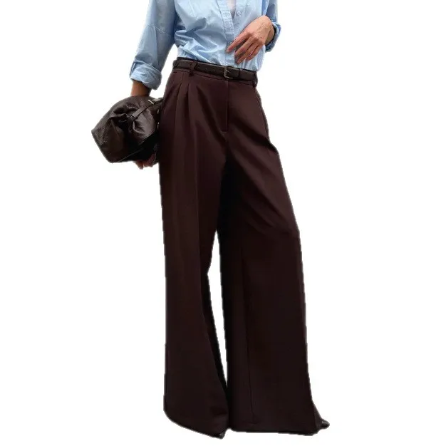Retro Fashion Wide Leg Pants Women's Spring Autumn High Waist Button Floor-length Draped Pants Elegant Straight Casual Trousers