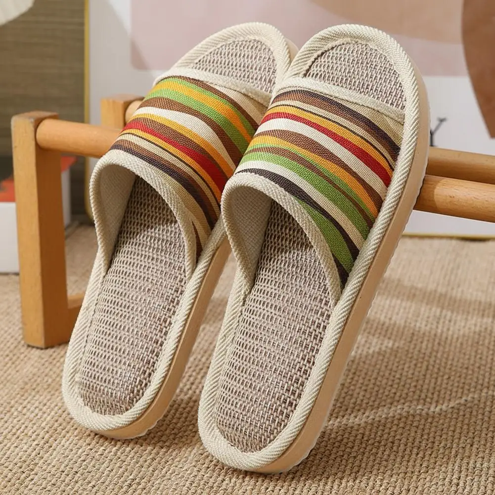 Striped Linen Open Toe Slippers Breathable Indoor House Slippers Anti Slip EVA Sole Lightweight Casual Home Slides For Men Women