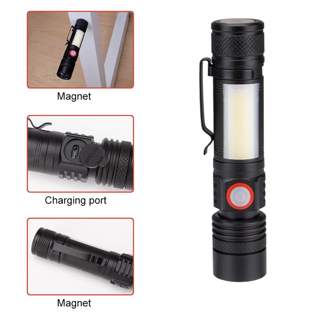 Linterna ABZV-LED linterna impermeable antorcha magnética Zoom T6 + linterna COB con Clip luz de mano portátil batería 18650