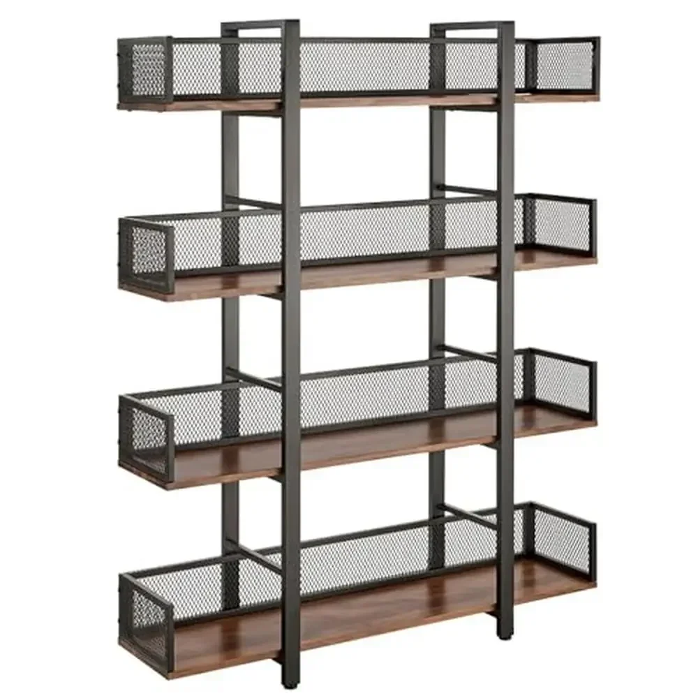 Solid Pine Wood and Metal 4 Tier Industrial Bookshelf with Mesh Barriers Ideal Bedroom Office Classroom Unique Light Walnut