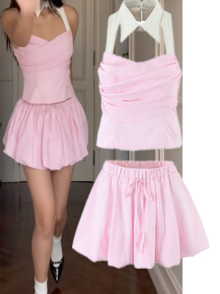 Милый комплект в полоску с воротником-стойкой, ажурный топ Pure Desire для девочек, юбка с бутоном тыквы и цветка, модный летний наряд