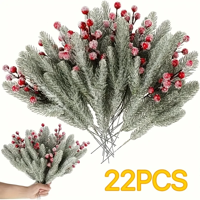 22pcs Artificial Cedar & Berry Garland Set with Red Berries & Pine Branches - All-Season Plastic Christmas Tree Wreath