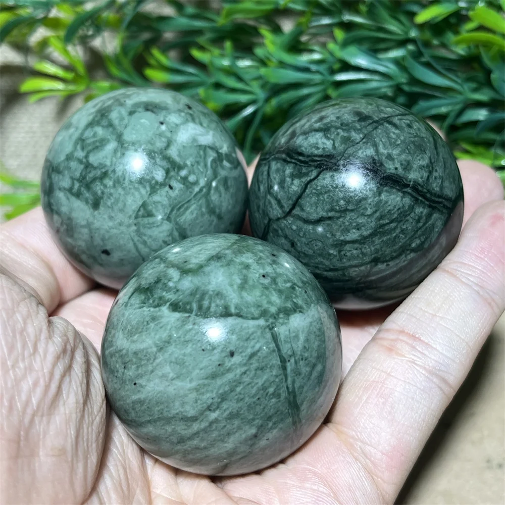 40-45mm Natural Green Black Stripe Jade Sphere Ball Crystal Healing Stone Quartz Reiki Minerals Beauty Home Decoration + Stand