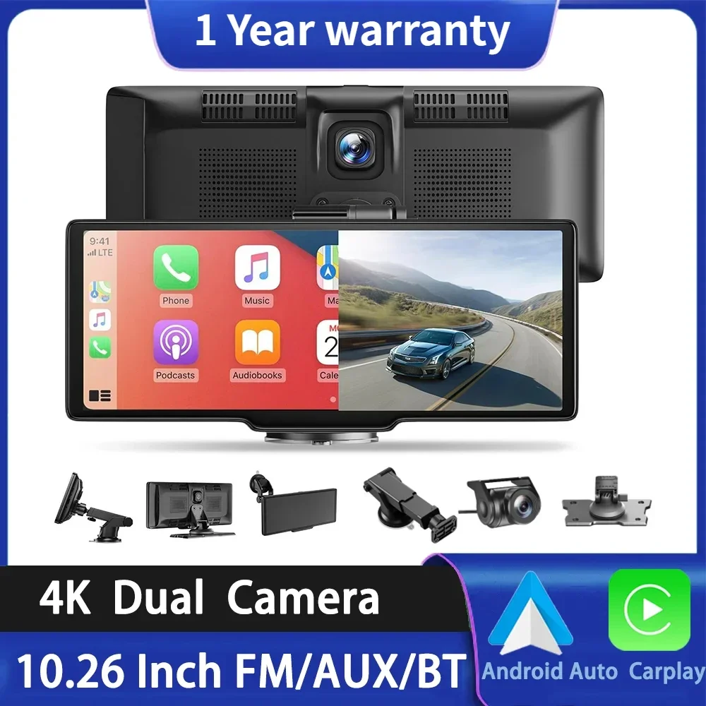 

Hot 10.26" 4K Dash Cam Wireless Carplay Android Auto Car DVR GPS WiFi Navigation Rearview Camera Dashboard Video 1 Year Warranty