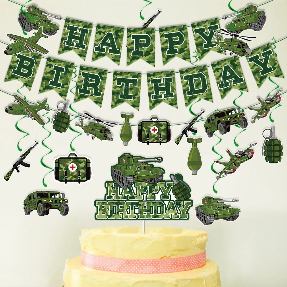 

Army Birthday Decor Cake Topper Camo Happy Birthday Banner and Military Theme Hanging Swirls Boys Girl Camouflage Party Supplies