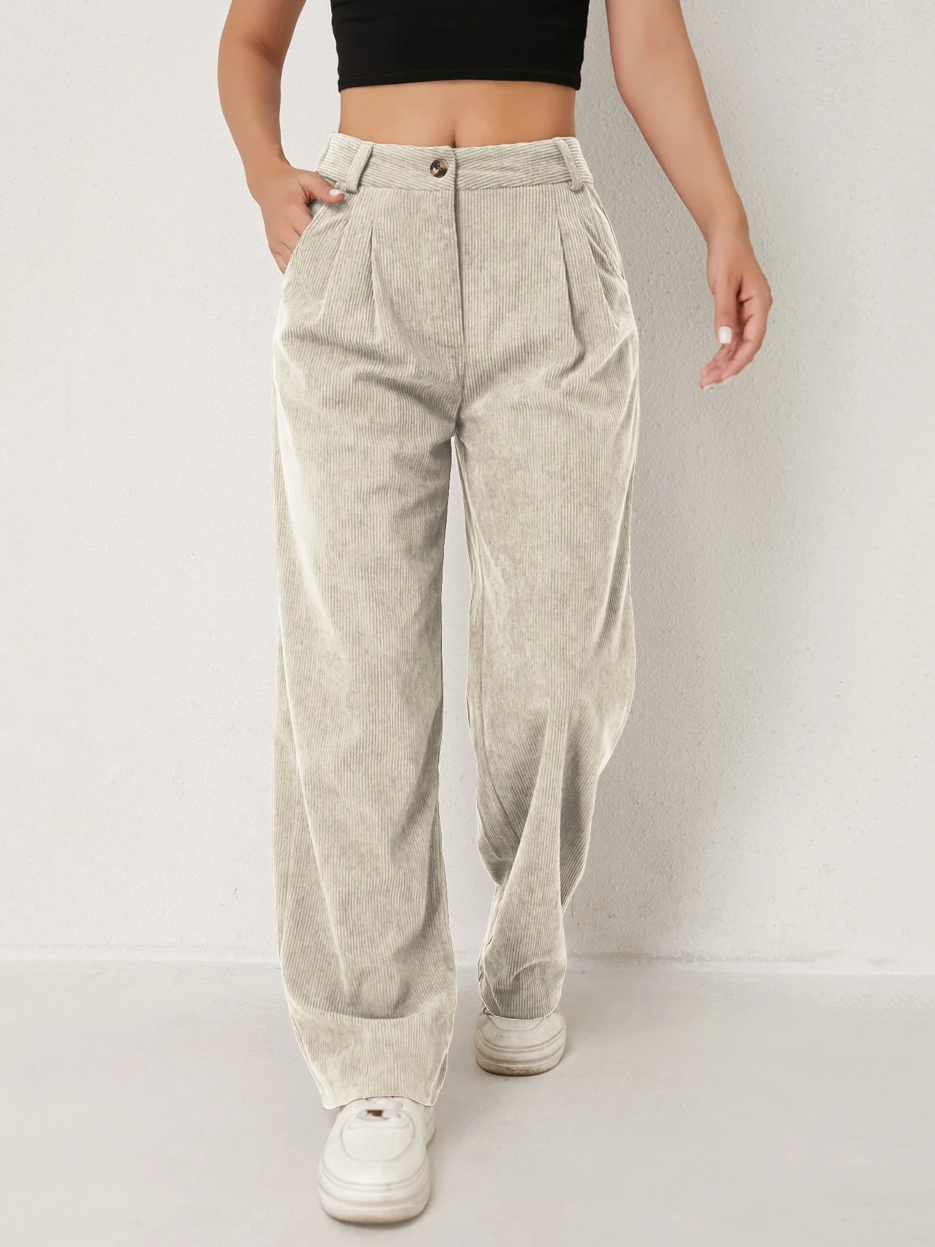 Neue Herbst- und Winter-Freizeitanzüge für Damen in Unifarben aus Cord mit weitem Bein und geraden, samtartigen Hosen, die schlank aussehen – Detail 16