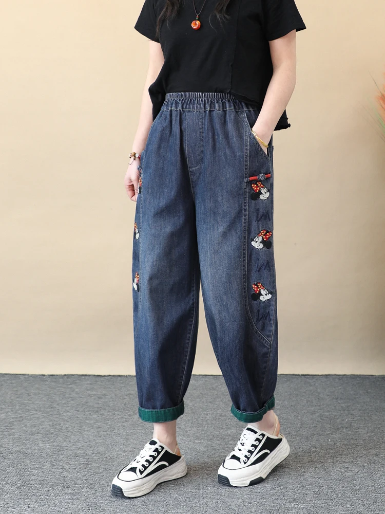 Splicing Cartoon Embroidered Jeans Women's Spring Loose Curled Ankle Length Harlan Pants Thin Versatile Summer Pants 2025 New