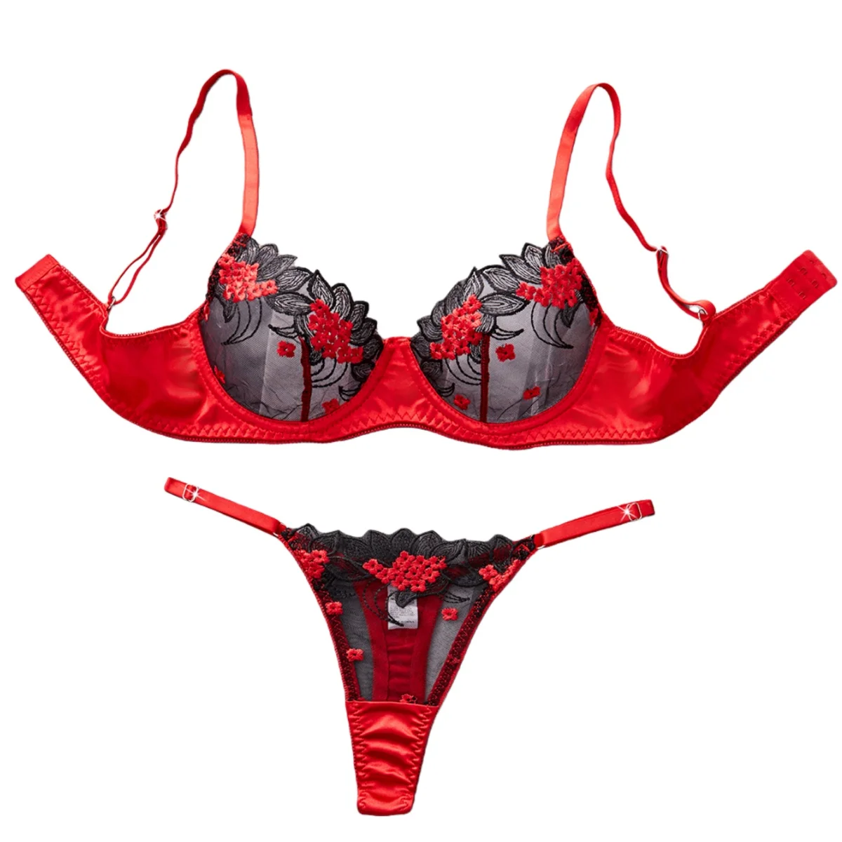 Hot-Selling 2-Piece Floral Embroidery Sexy Bra Set, Mesh Underwire Sheer Lingerie Set, Perfect for Dates, Parties & Gatherings