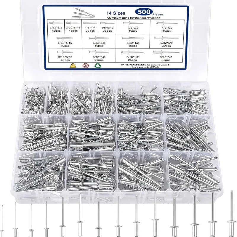 500Pcs Aluminium Pop Rivet Kit Half Round Head Blind Rivets Open K Type 3/32“ 1/8” 5/32“ 3/16” Hardware Tools for Mentalworking