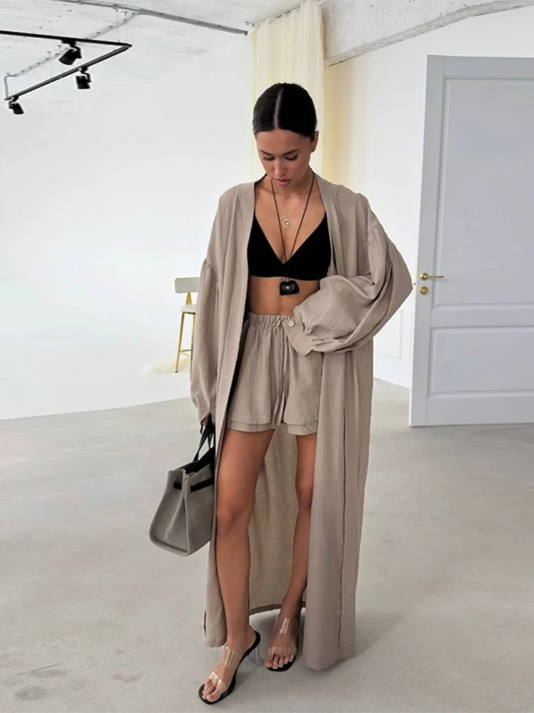 Casual Mantel Shorts Anzug frauen Solide Laterne Hülse Lange Strickjacke Lose Hohe Taille Kurze Hosen 2025, Herbst Dame High Street set