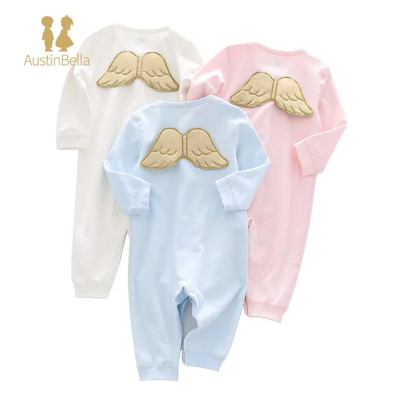 Spring Autumn Baby Romper Baby Girl Boy Clothes Round Collar Long Sleeves Blue White Pink Angel Wing Jumpsuit Newborn Clothes