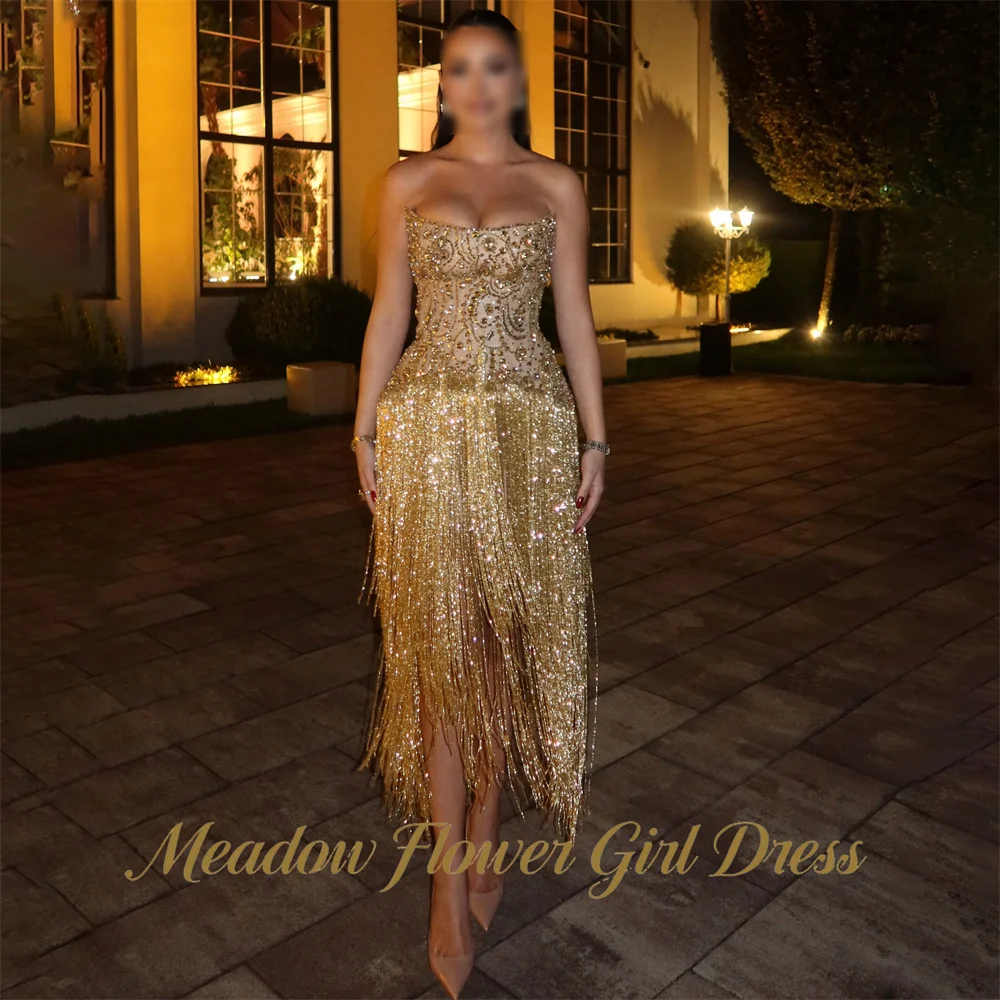Meadow Golden Party Dresses Strapless Sleeveless Evening Dresses with Glitter Sequin Tassel Straight فساتين السهرة Customized